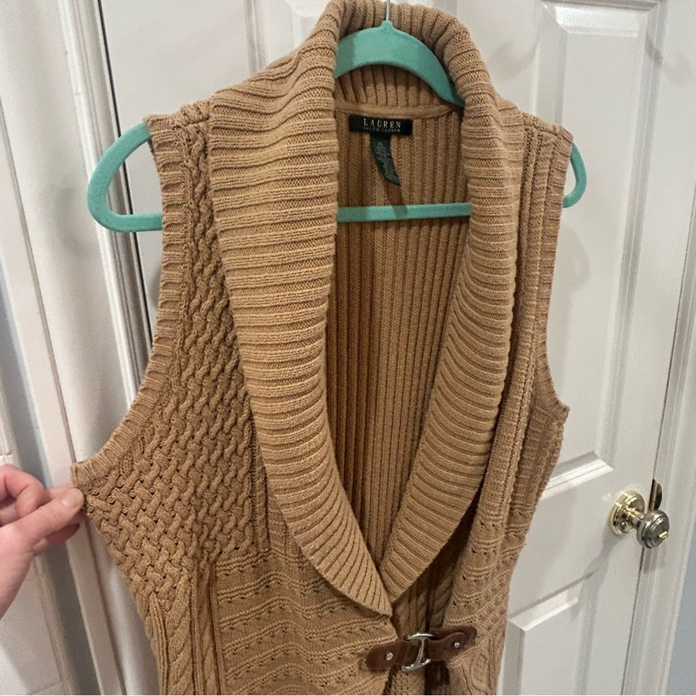 Lauren Ralph Lauren Tan Surplice Cable Knit Sweater Vest Buckle XXL - Picture 4 of 13